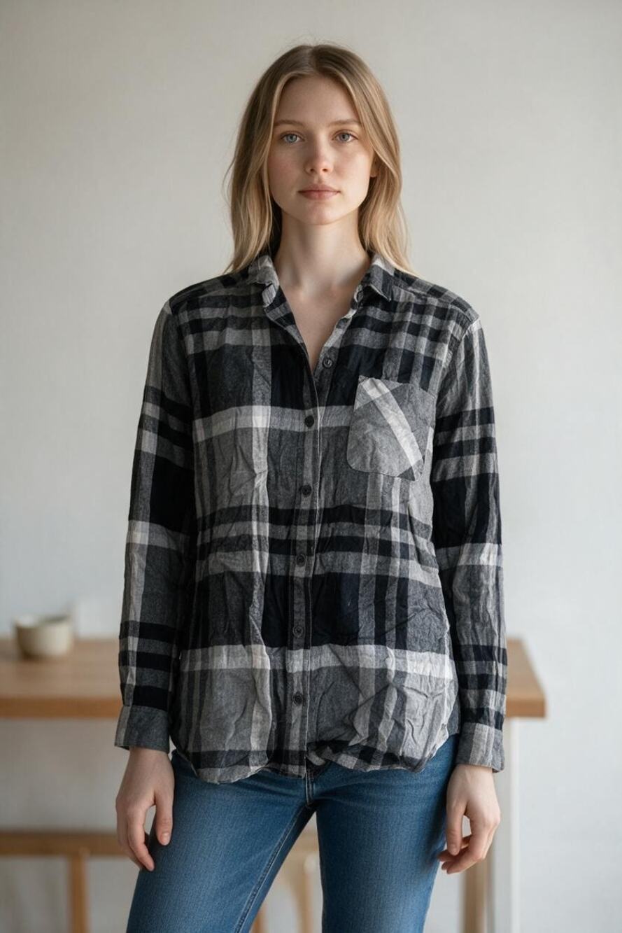 EDDIE BAUER Top Size L Black Button Down Plaid w/ White Long Sleeve